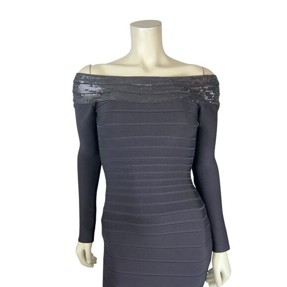 Herve Leger Long Sleeve Sequin Bandage Dress Size XS Candice Off Shoulder Gray - Picture 11 of 12